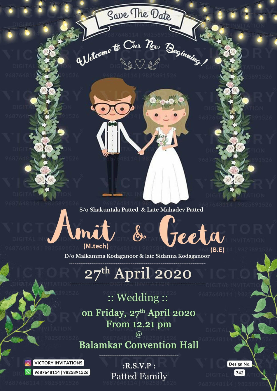 Wedding ceremony invitation card of hindu south indian kannada family in english language with Shining theme design 742