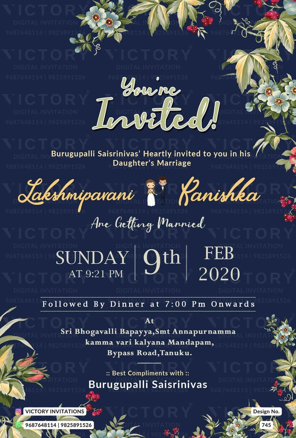 Wedding ceremony invitation card of hindu south indian telugu family in english language with Minimalistic theme design 745