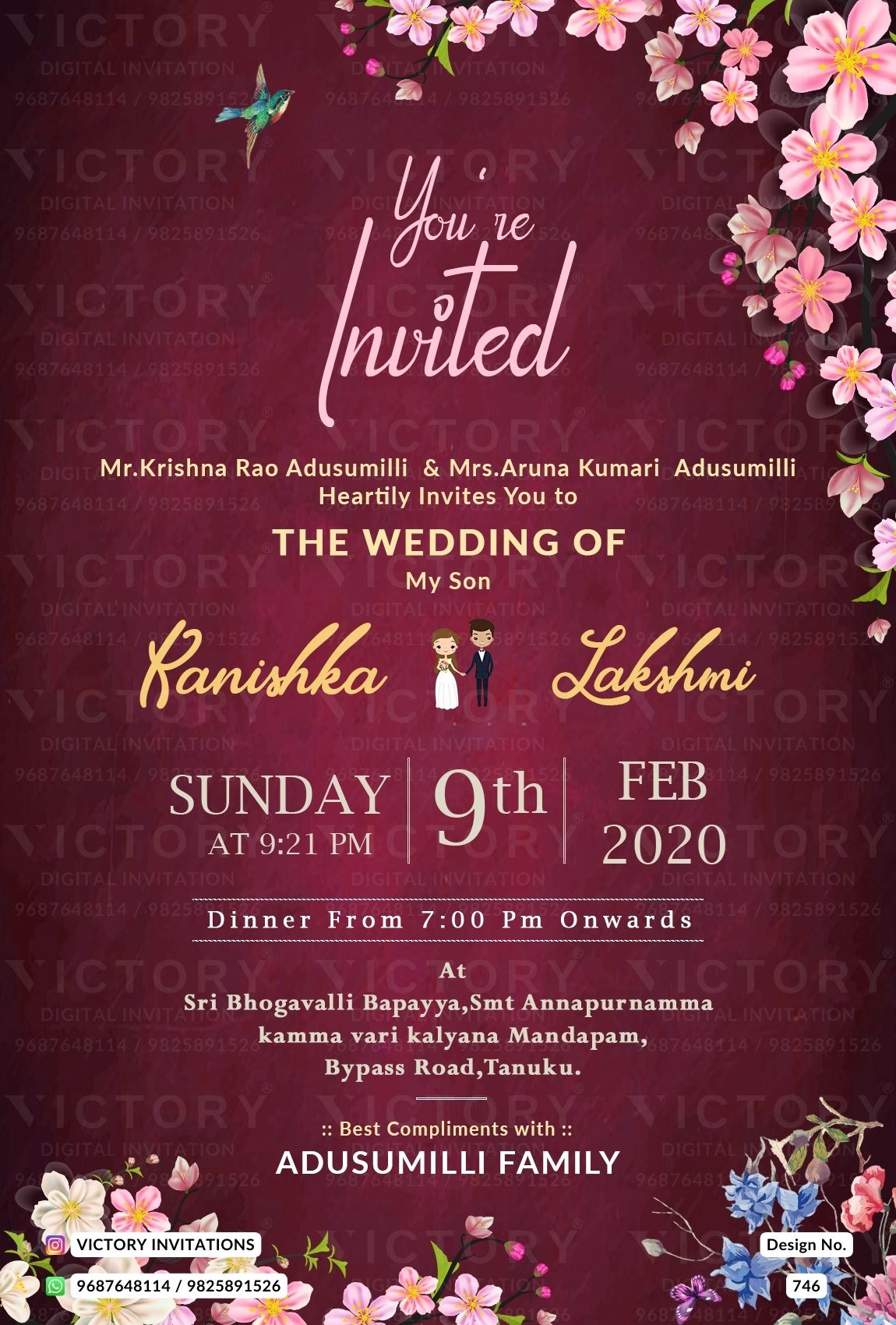 Wedding ceremony invitation card of hindu south indian telugu family in english language with Minimalistic theme design 746
