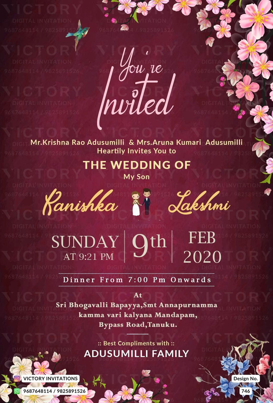 Wedding ceremony invitation card of hindu south indian telugu family in english language with Minimalistic theme design 746