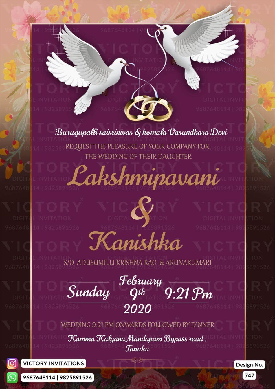 Wedding ceremony invitation card of hindu south indian telugu family in english language with Romantic Floral theme design 747
