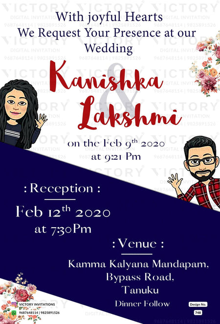 Wedding ceremony invitation card of hindu south indian telugu family in english language with Bollywood theme design 748