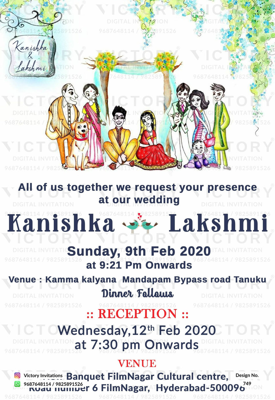 Wedding ceremony invitation card of hindu south indian telugu family in english language with Cartoonish theme design 749