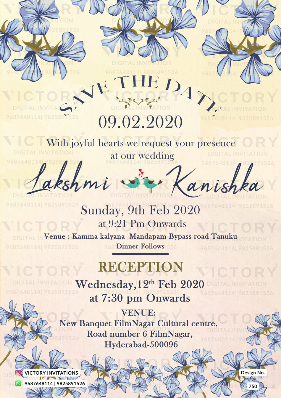 The Artistic Flowers Theme of the Hindu south indian digital invitation card for a wedding ceremony in the yellow-pink background color. This e-invite card is perfectly suitable for the Telugu family and it's available in English language. It includes elements such as birds, and blue flowers.