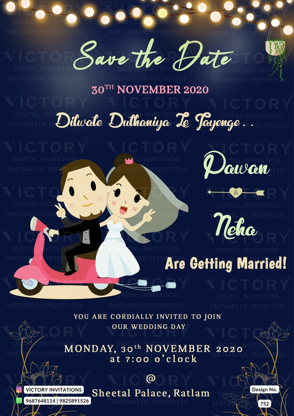 Save the Date card in english language with night theme design 752