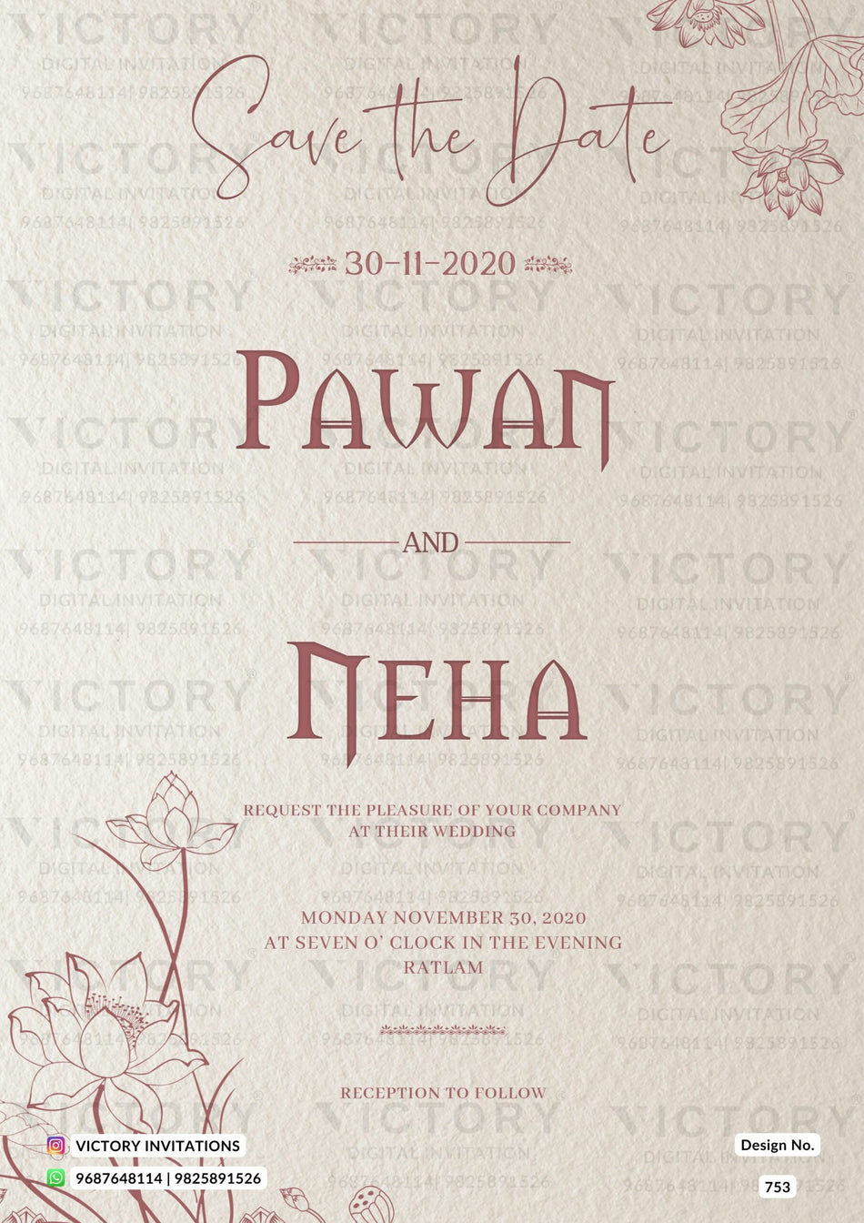 Wedding ceremony invitation card of hindu north indian family in english language with Vintage theme design 753