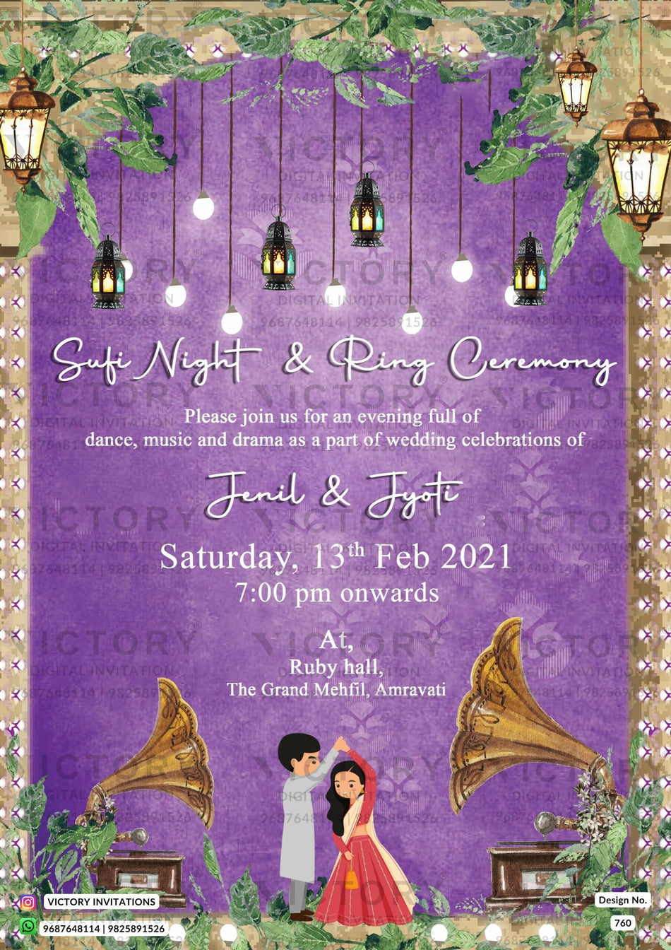 Sangeet Sandhya Ceremony invitation card in english language with couple doodle, gate as floral theme design 760