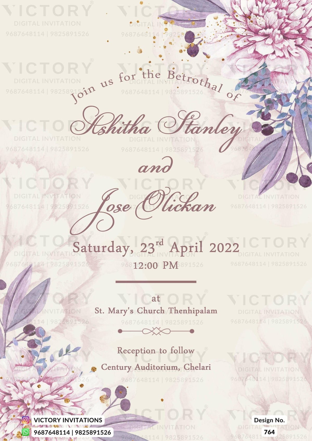 Betrothal ceremony invitation card for Catholic family in english language with flowers as floral theme design 764
