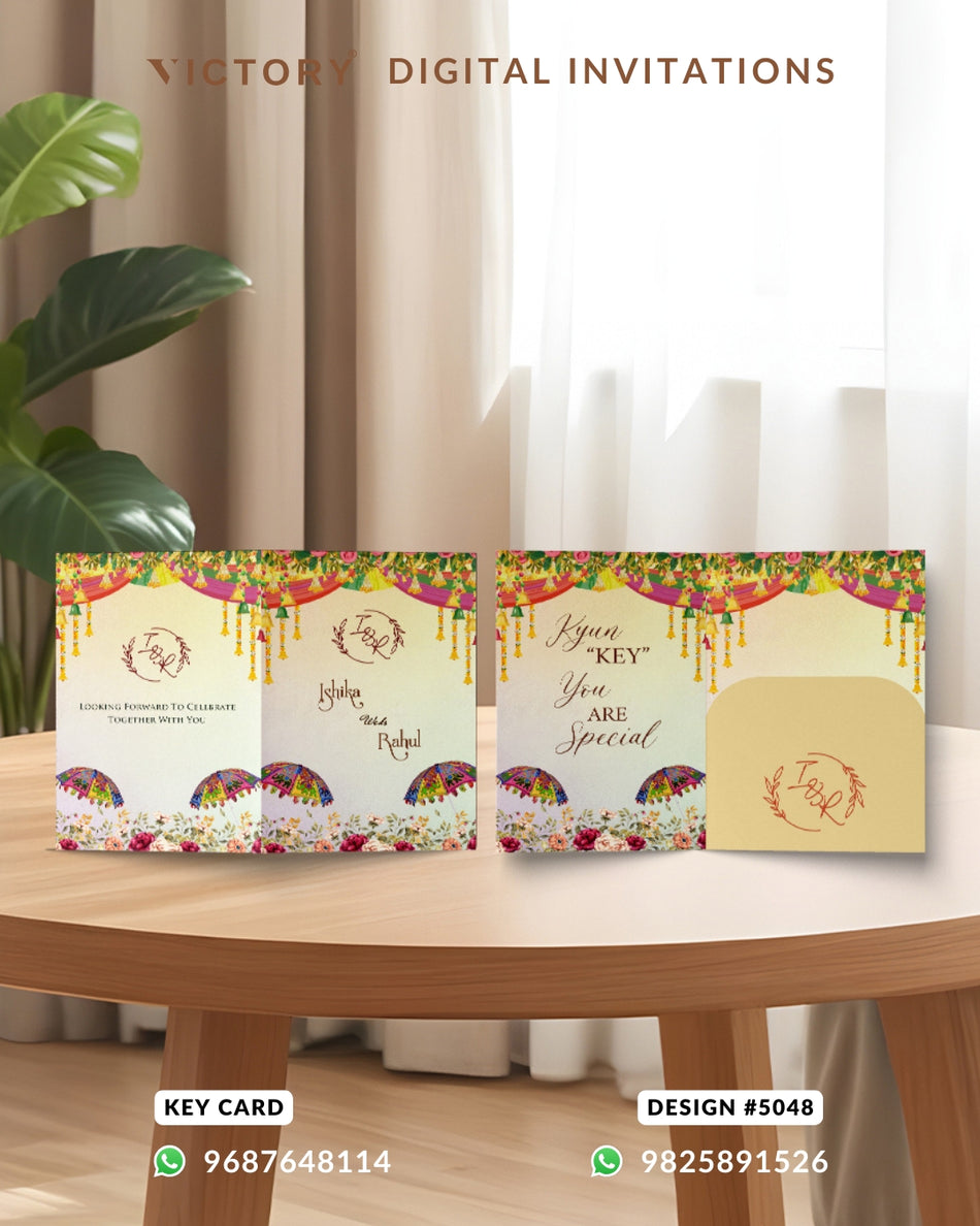 Key card design for wedding ceremony in english language with couple logo, traditional theme design 5048