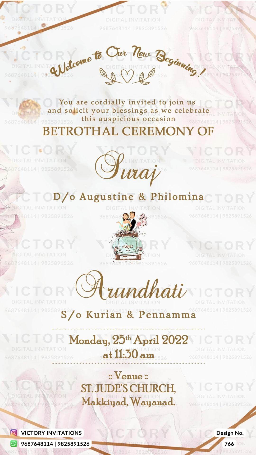 Betrothal ceremony invitation card for Catholic family in english language with romantic couple doodle, flowers as minimalistic theme design 766