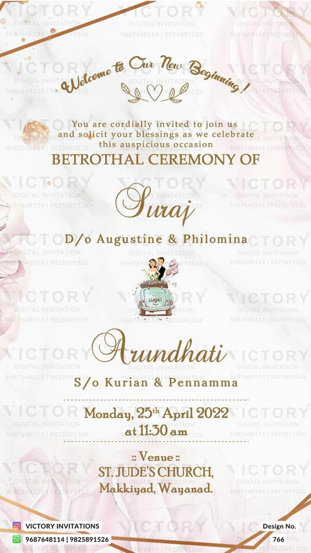 Betrothal ceremony invitation card for Catholic family in english language with romantic couple doodle, flowers as minimalistic theme design 766