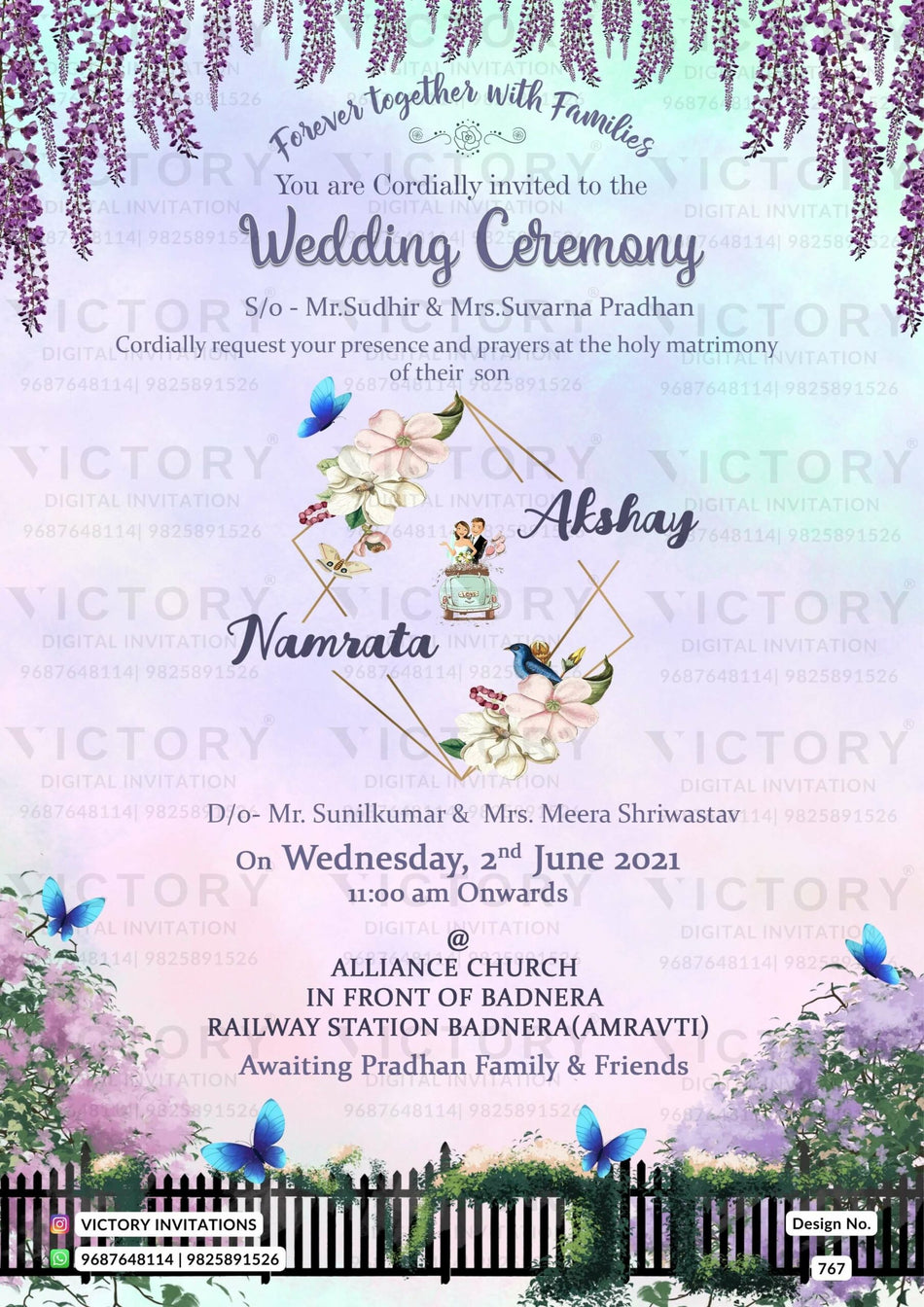 Wedding ceremony invitation card of hindu maharashtrian marathi family in english language with Garden theme design 767