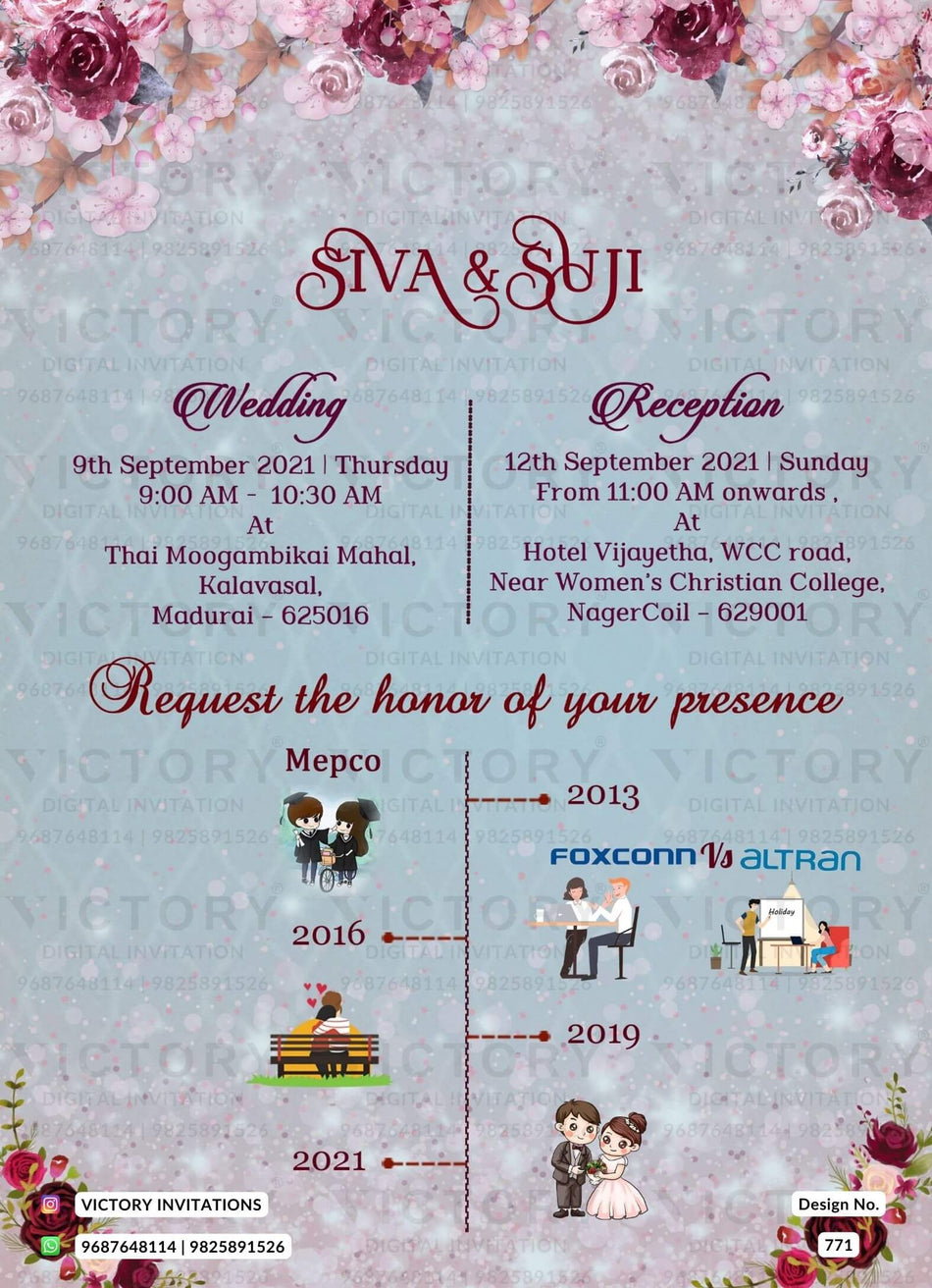 Wedding ceremony invitation card of hindu south indian tamil family in english language with Love story theme design 771