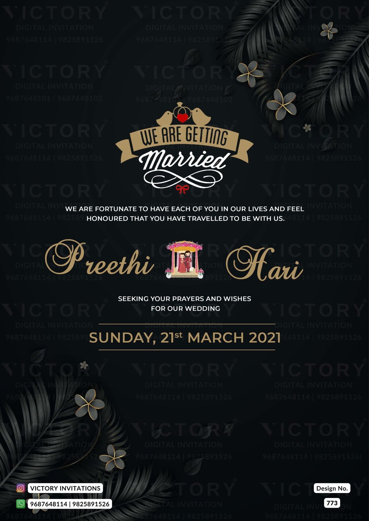 Wedding ceremony invitation card of hindu south indian telugu family in english language with Modern theme design 773