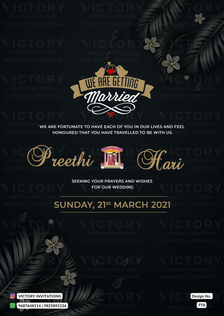 Wedding ceremony invitation card of hindu south indian telugu family in english language with Modern theme design 773
