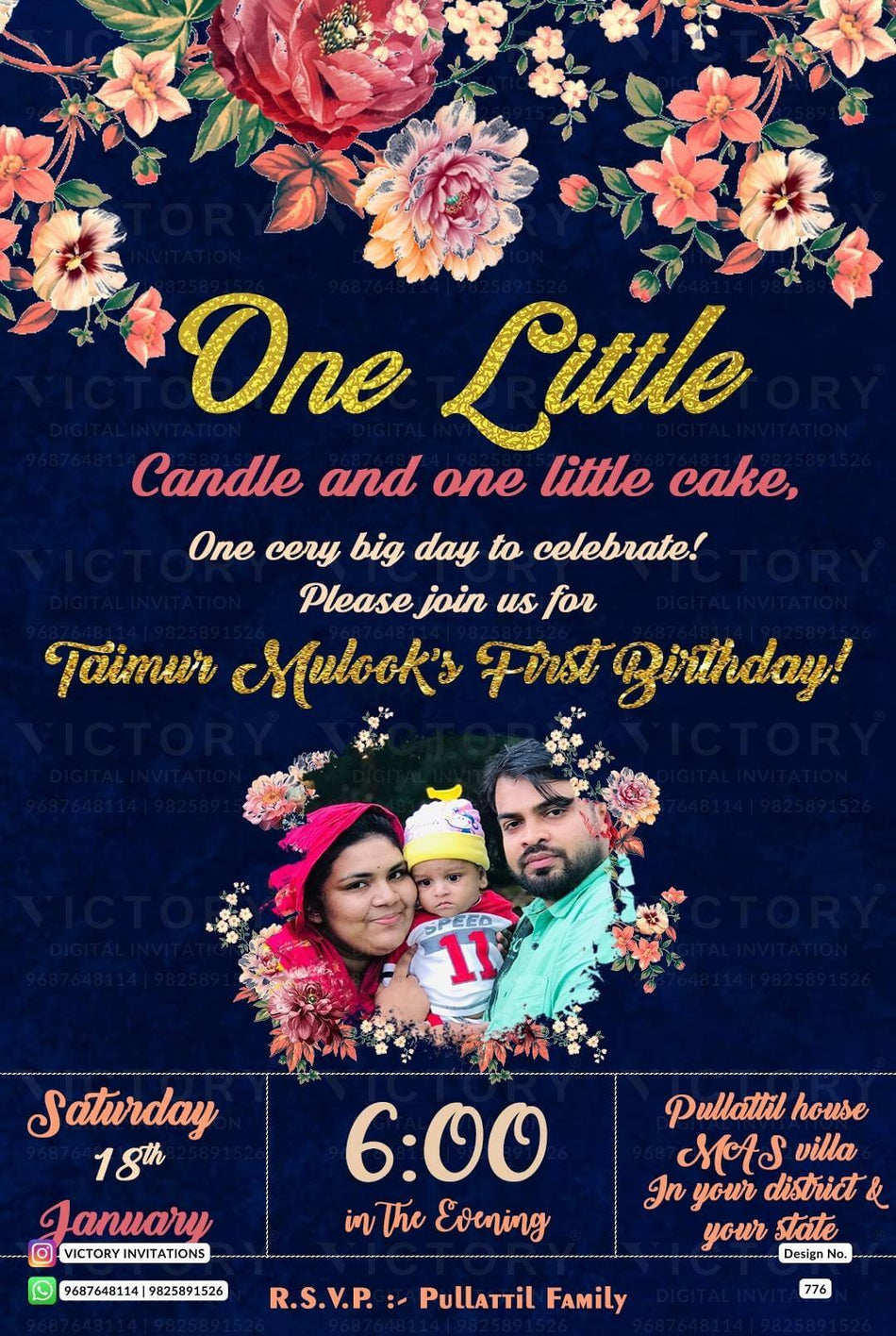 Birthday party invitation card for boy in english language with flowers as floral theme design 776