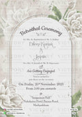 Betrothal ceremony invitation card for Catholic family in english language with flowers, couple ring as gate theme design 778