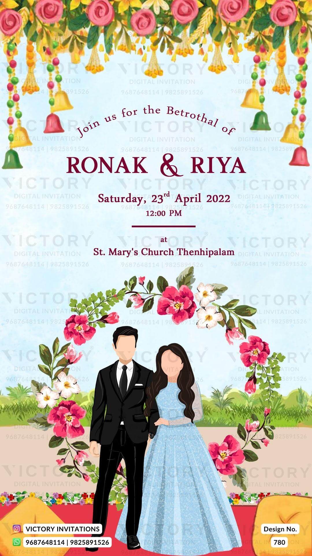 Betrothal ceremony invitation card for Catholic family in english language with stylish couple doodle, flowers frame as garden theme design 780