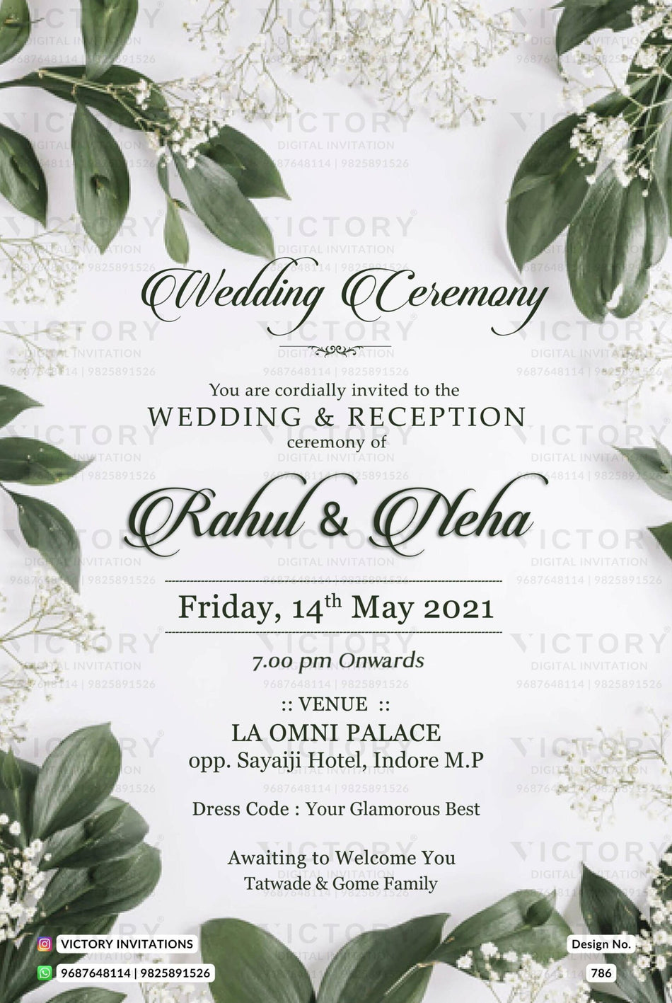 Wedding ceremony invitation card of hindu north indian family in english language with Floral theme design 786