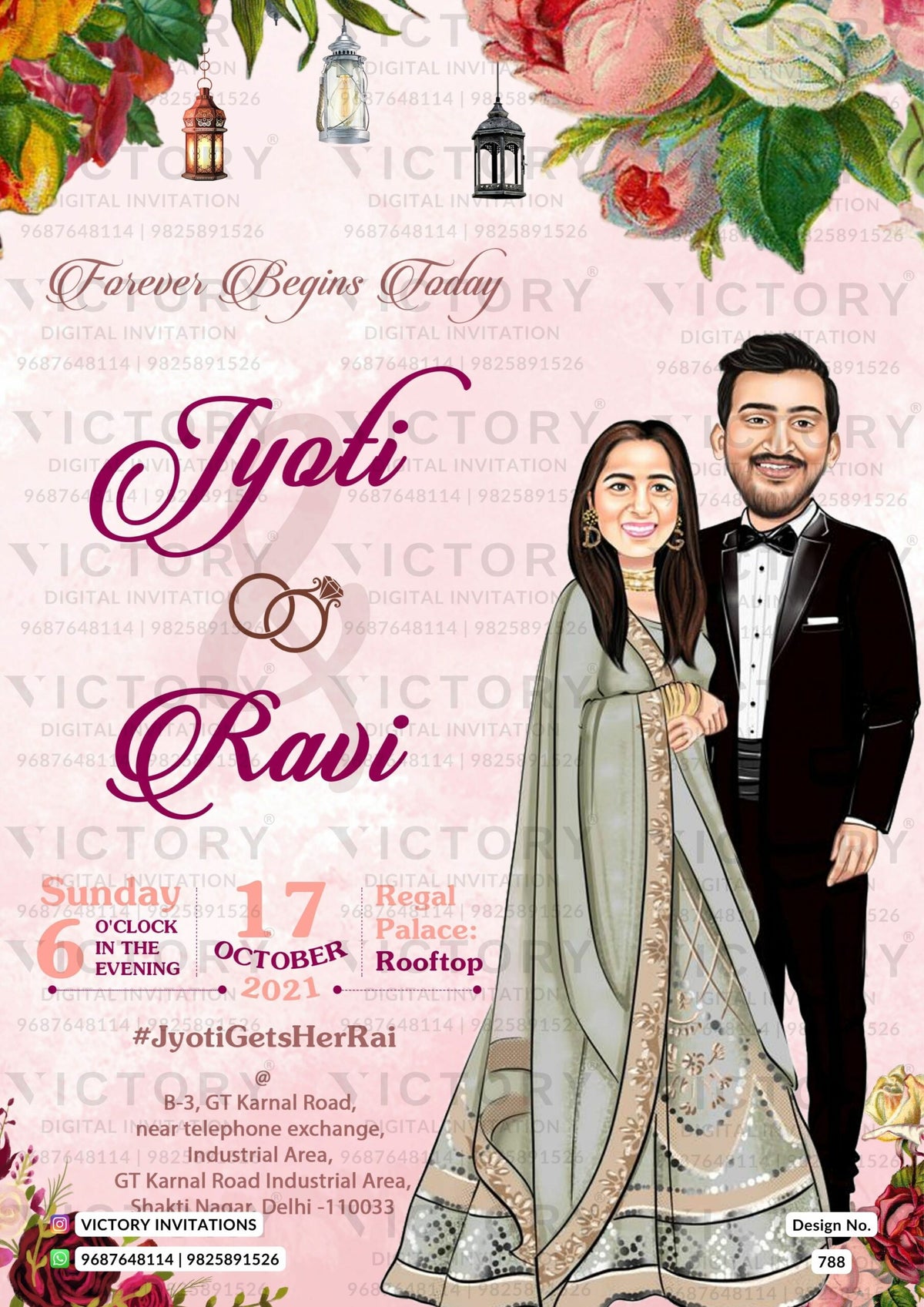 traditional couple caricature invitation card for Engagement ceremony in Englsih language with flowers as floral theme design 788