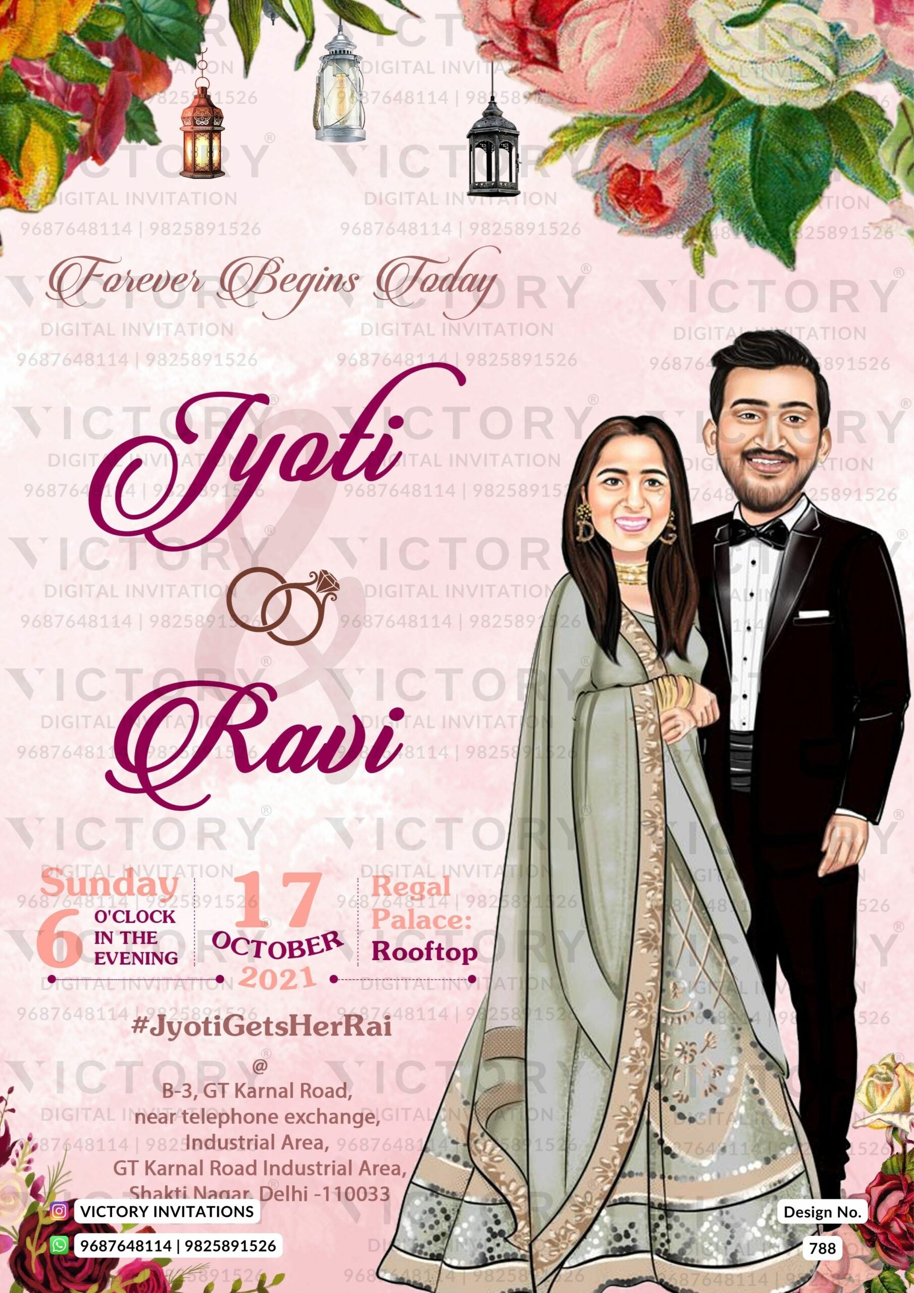 traditional couple caricature invitation card for Engagement ceremony in Englsih language with flowers as floral theme design 788