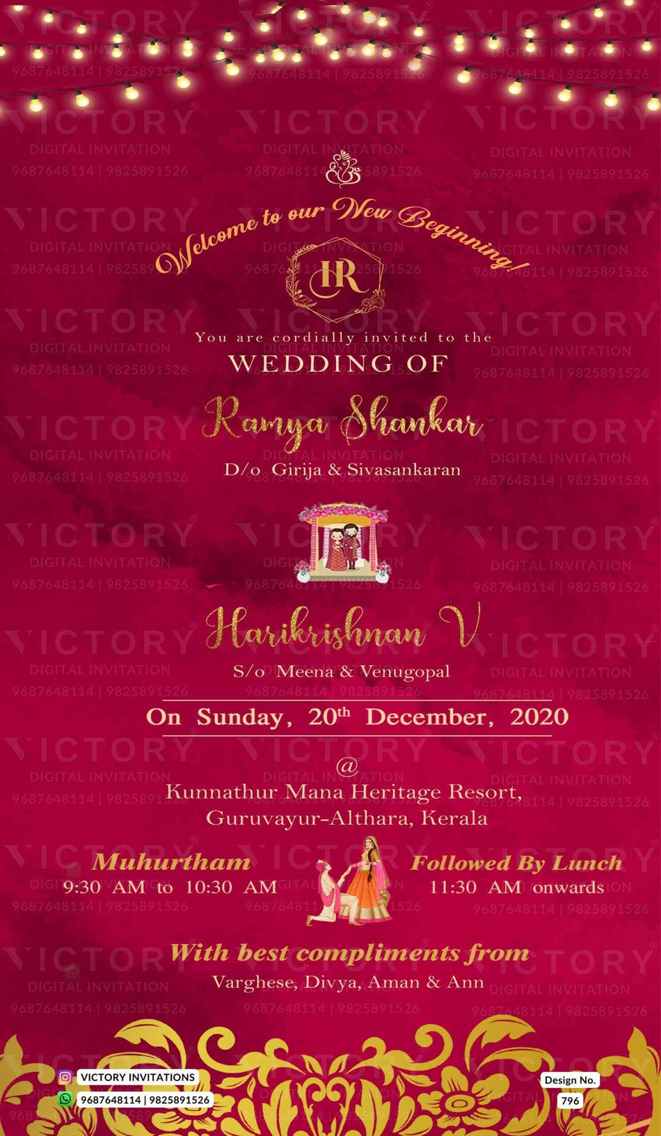 Wedding ceremony invitation card of hindu south indian malayali family in english language with Shining theme design 796