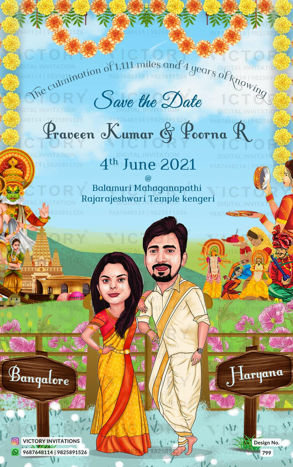 Charming couple caricature invitation card for Save the Date in English language with flowers, mountain, tample as garden theme design 799
