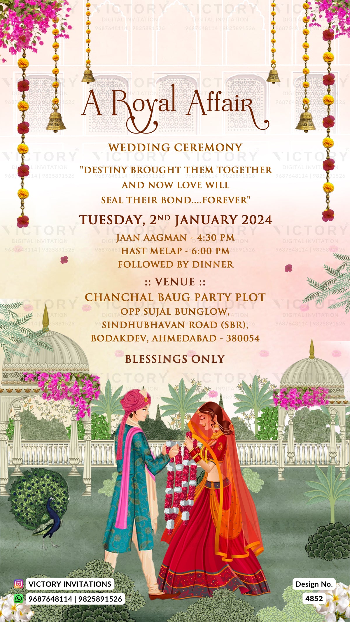 A royal-themed wedding invitation card featuring a pink and green background with traditional Indian illustration of a bride and groom, along with event details and decorative hanging bells and flowers.