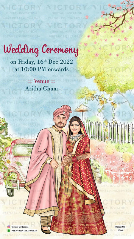 Water-colored Blue and Green Classic Whimsical Garden Theme Indian Wedding E-invitations with Festive Bride and Groom Caricature Illustrations,
