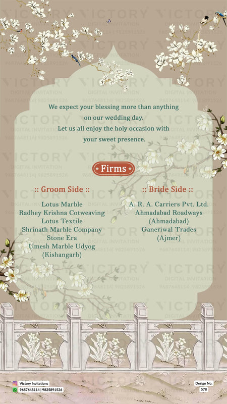 Floral Muted-Pastel Green and Brown Vintage Theme Digital Wedding Invites with Festive Indian Bride and Groom Doodle Illustrations