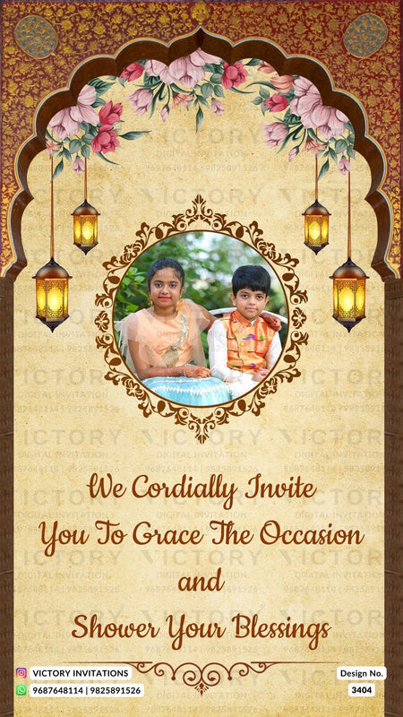 Dhoti ceremony invitation card in english language with peacock, baby photo as arch theme design 3404
