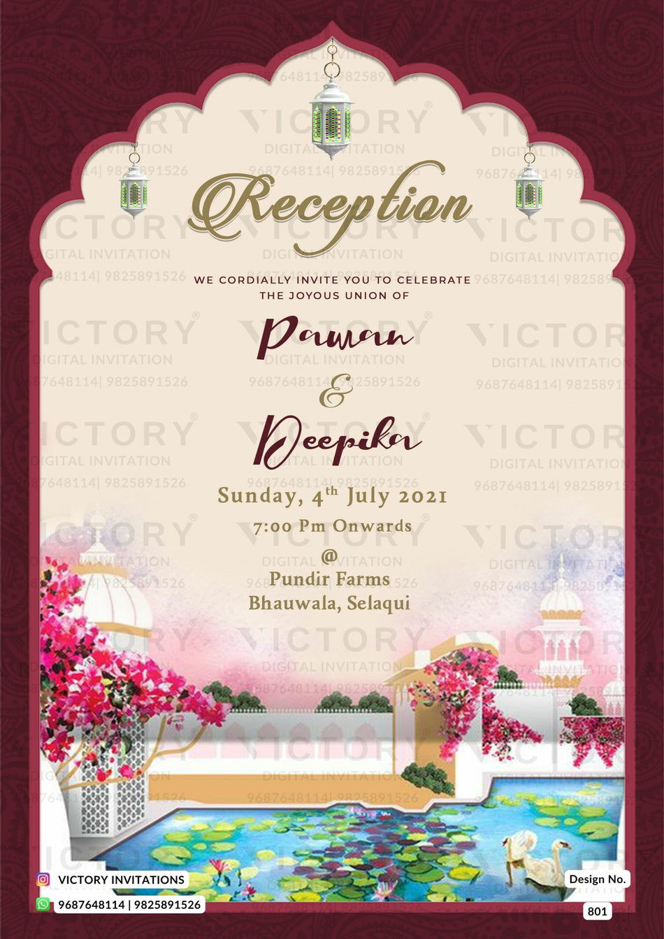 Reception Party invitation card in english language with arch, lantern as traditional theme design 801