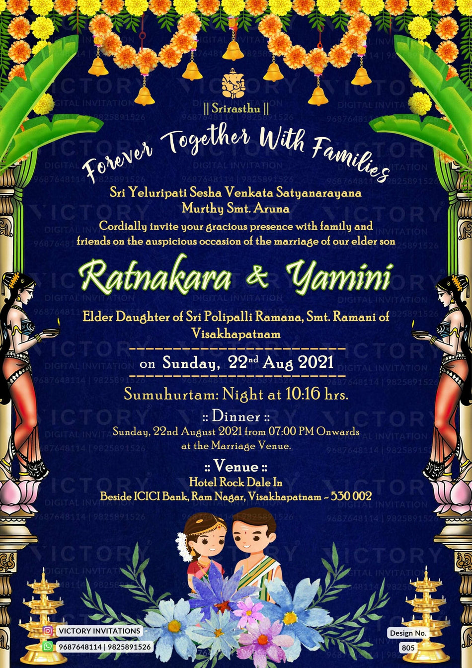 Wedding ceremony invitation card of hindu south indian telugu family in english language with floral theme design 805