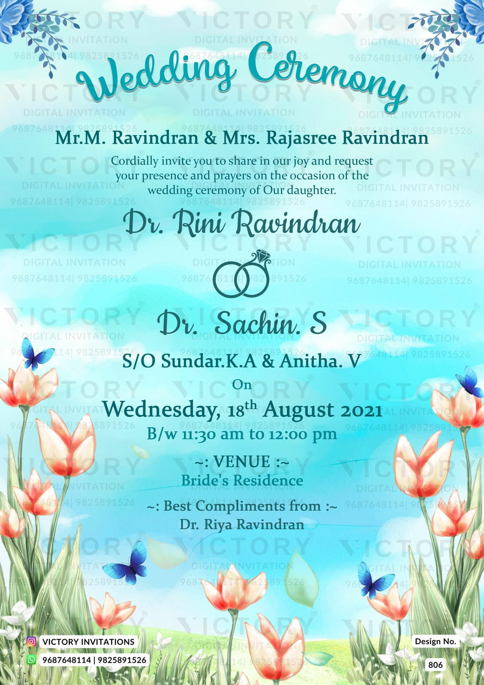 Wedding ceremony invitation card of hindu south indian malayali family in english language with floral theme design 806