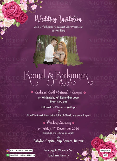 Wedding ceremony invitation card of hindu Hindu family in english language with minimalistic theme design 808