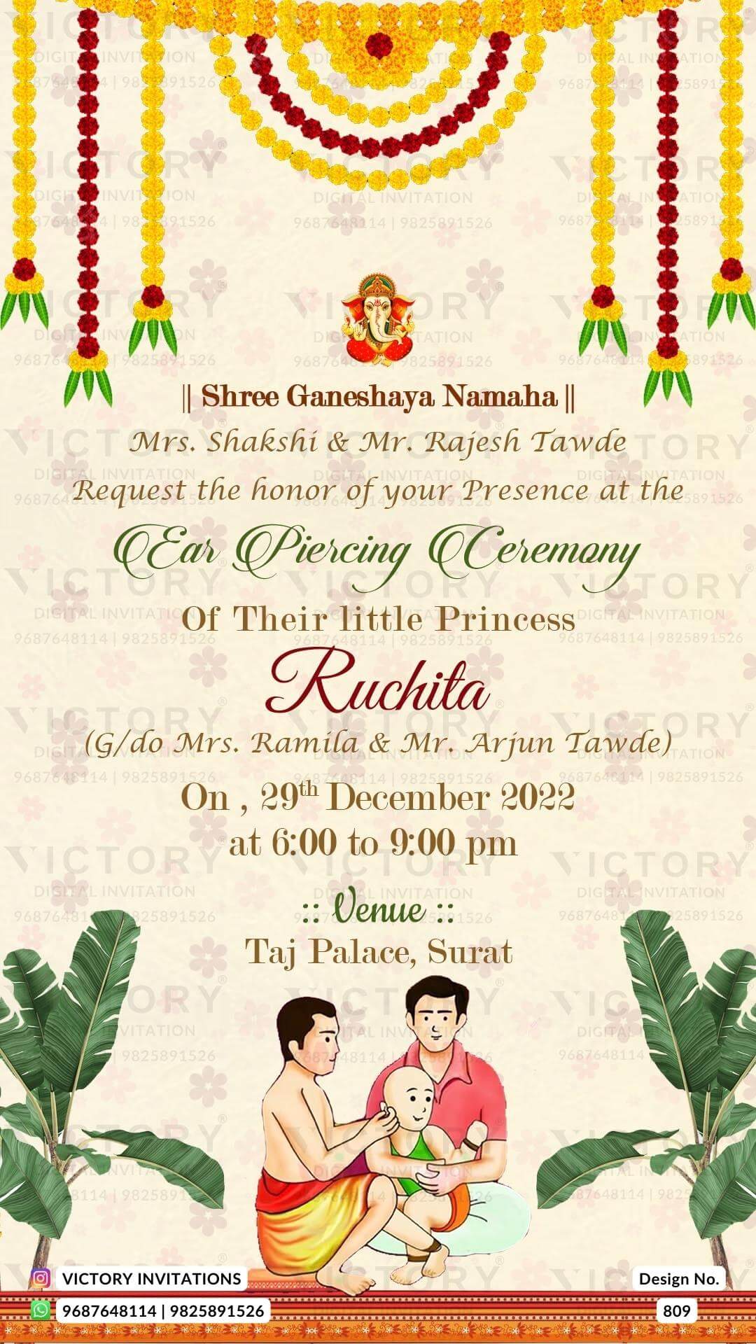 Ear Piercing ceremony invitation card in english language with ear piercing doodle, leaves as traditional theme design 809