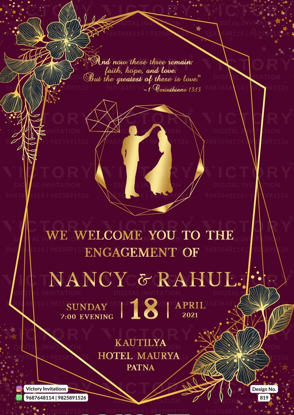 Engagement ceremony invitation card in english language with golden frame, ring as glittery theme design 819