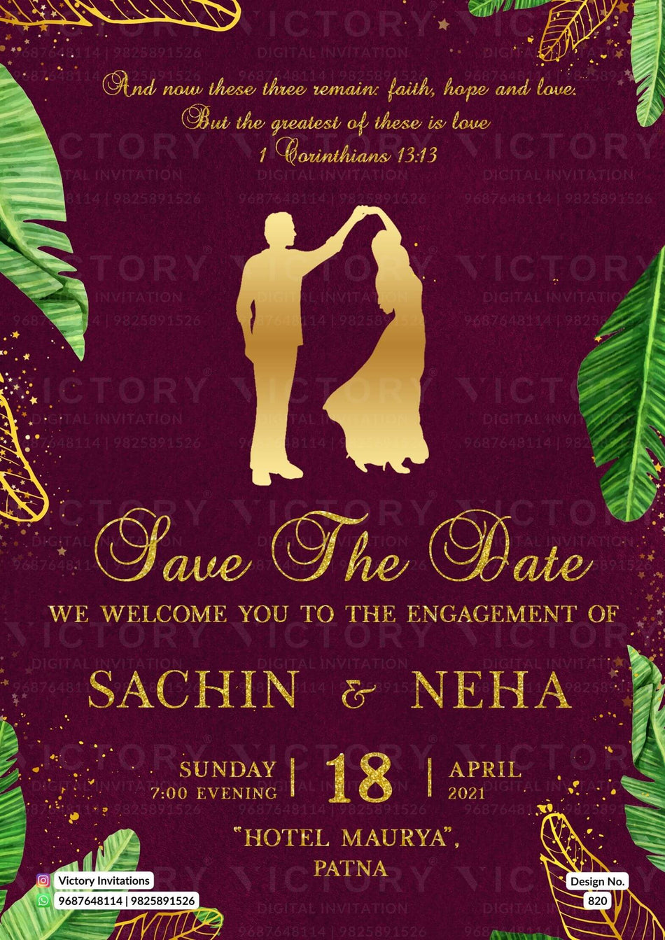 Engagement ceremony invitation card in english language with couple doodle, leaves as glittery theme design 820