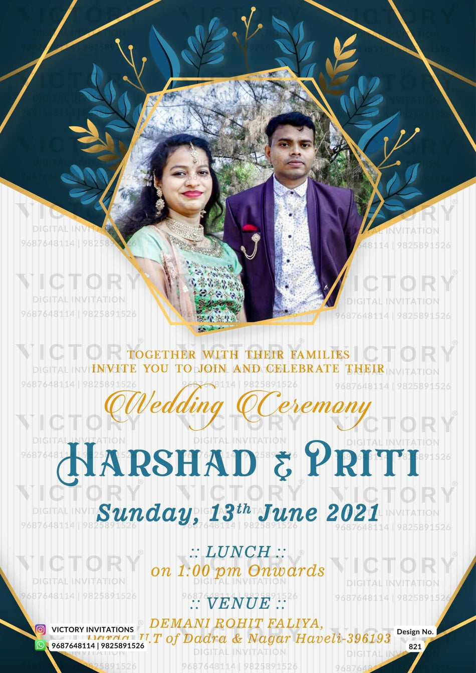 Wedding ceremony invitation card of hindu gujarati patel family in English language with couple photo theme design 821