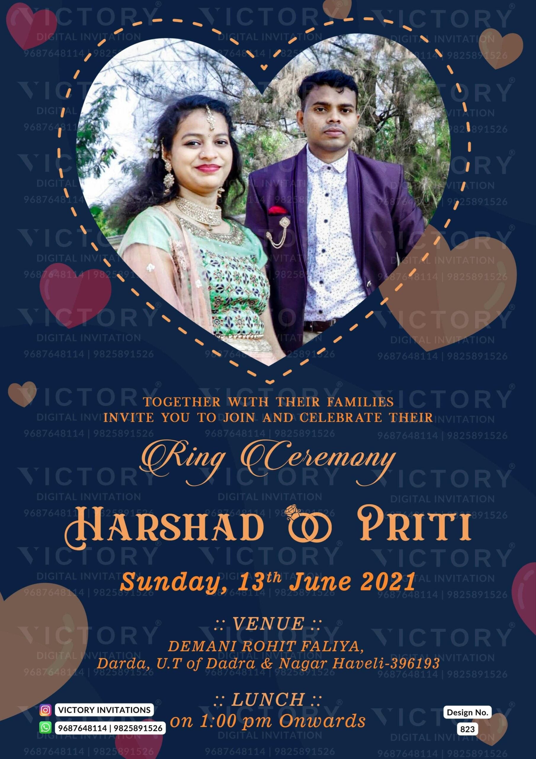 Engagement ceremony invitation card in english language with heart, ring as couple photo theme design 823
