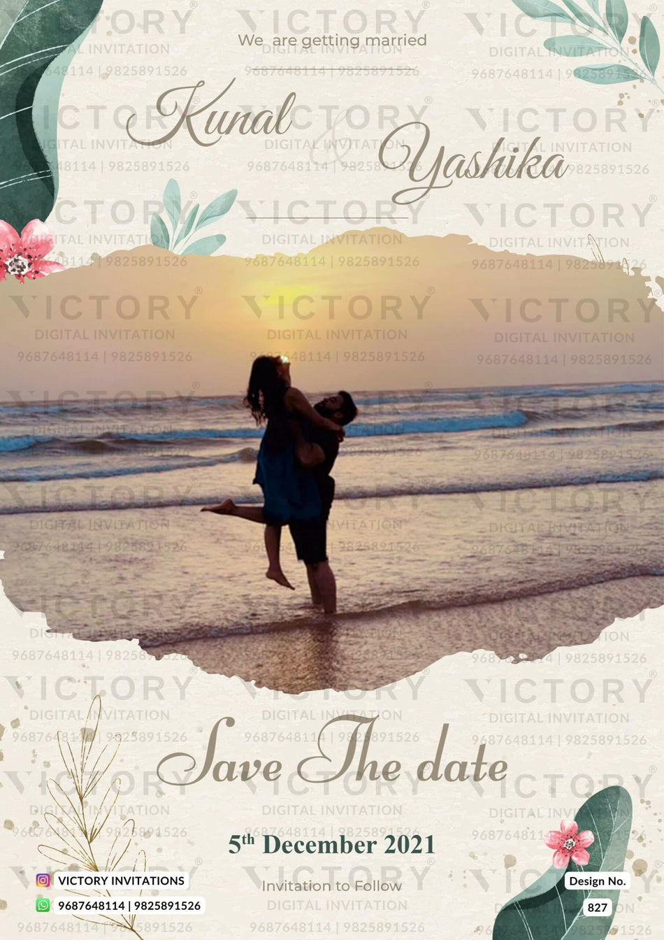 Save the Date card in english language with couple photo as minimalistic theme design 827