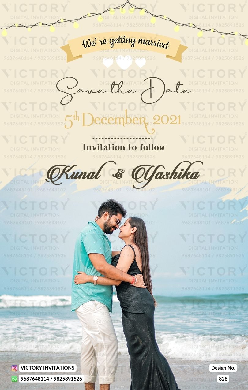 Save the Date card in english language with couple photo as minimalistic theme design 828
