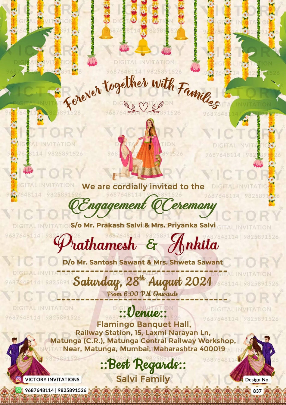Engagement ceremony invitation card in english language with marigold flowers, banana leaves, couple doodle as traditional theme design 837