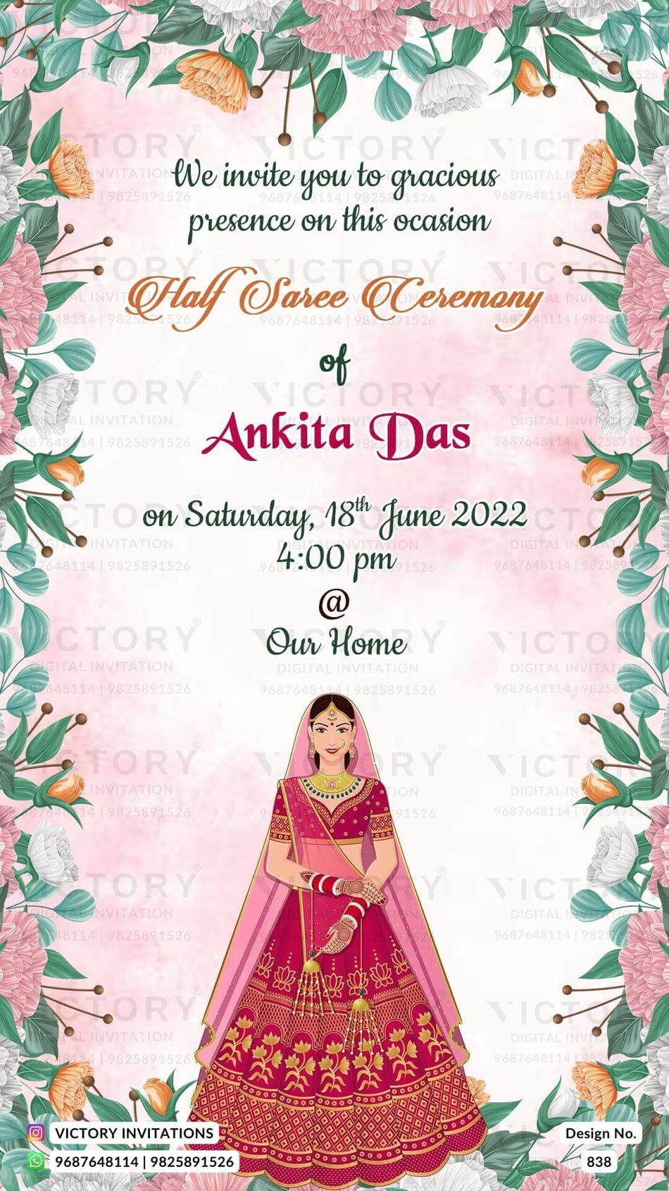 Half Saree ceremony invitation card in english language with artistic flower theme design 838