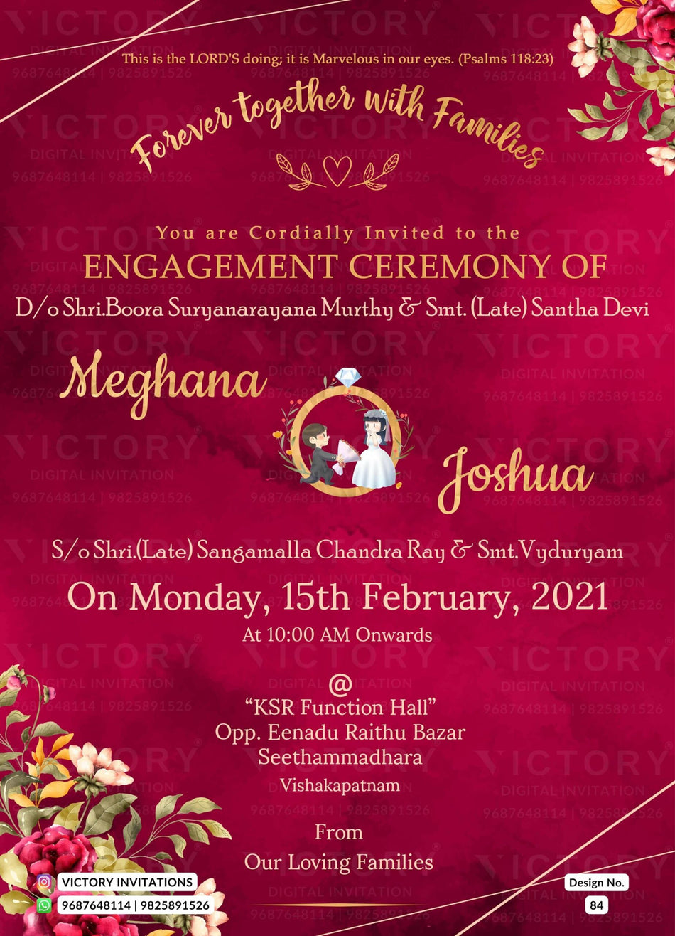 Engagement ceremony invitation card in english language with leaves as floral theme design 84