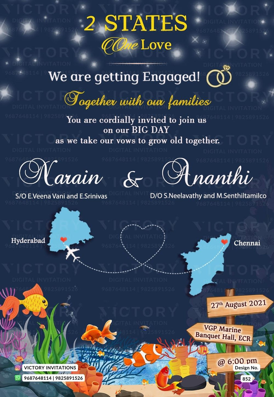 Engagement ceremony invitation card in english language with fish, wooden board, leaves as two state and sea theme design 852