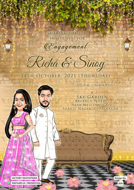 stylish couple caricature invitation card for Engagement ceremony in Englsih language with lotus lantern as minimalistic theme design 858