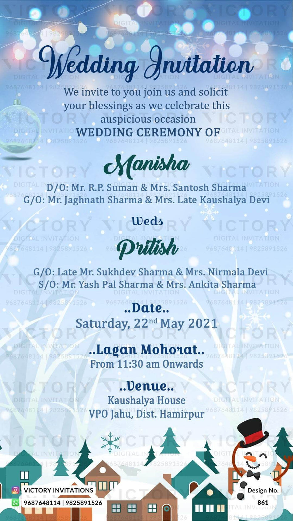 Wedding ceremony invitation card of hindu north indian family in english language with Winter snowman theme design 861