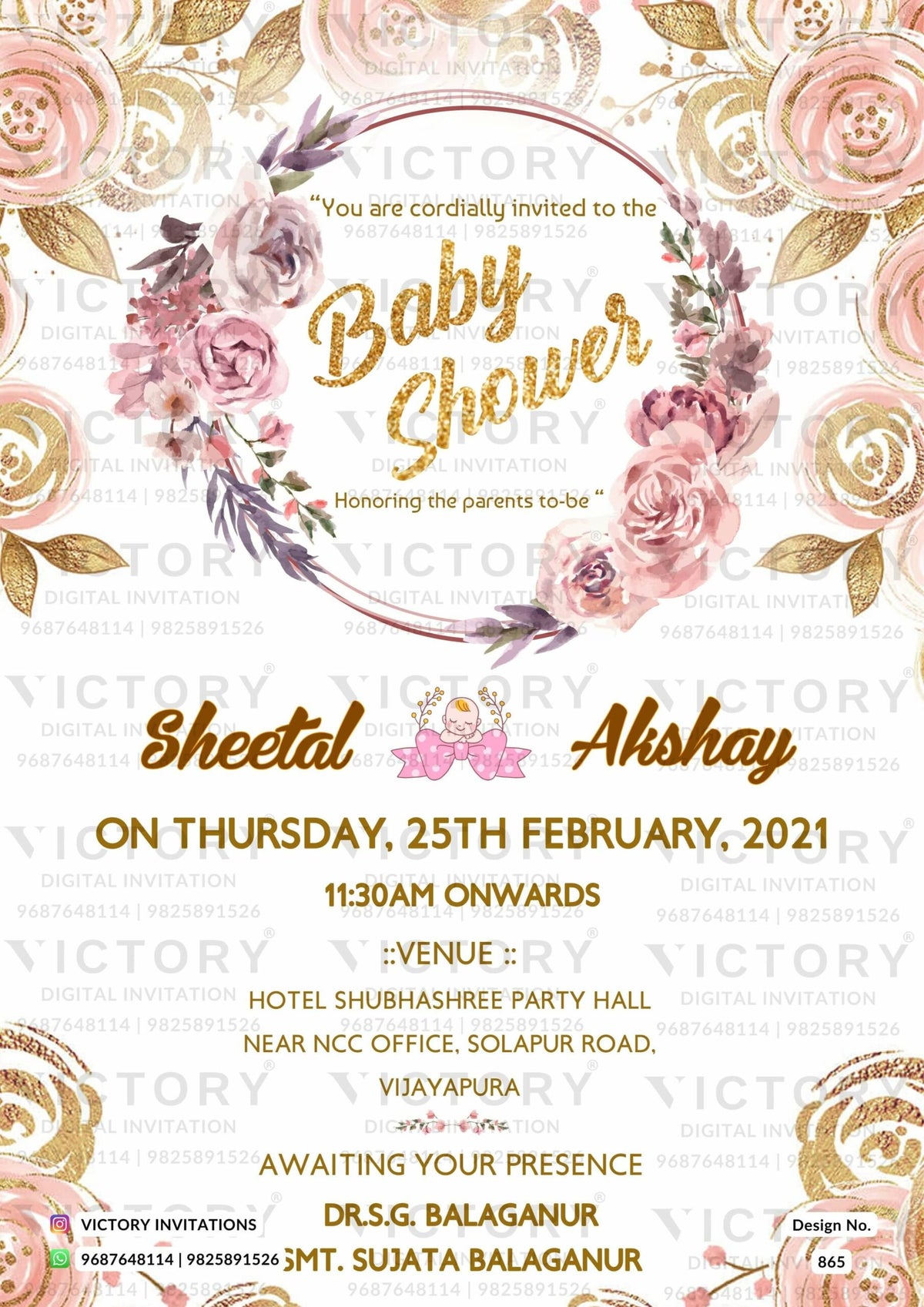 Baby Shower ceremony invitation card in english language with flowers as floral theme design 865