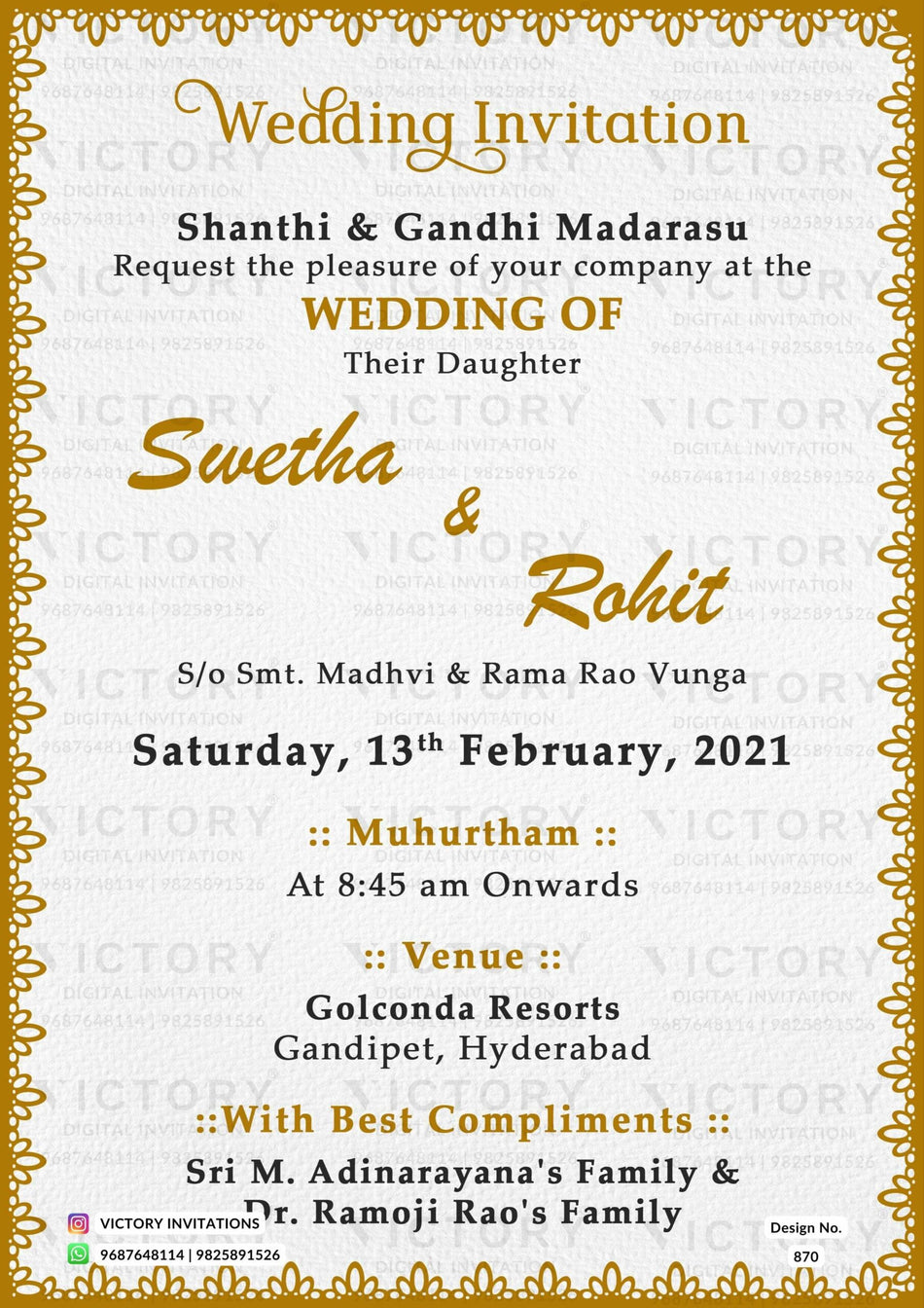 Wedding ceremony invitation card of hindu south indian telugu family in english language with Minimalistic theme design 870